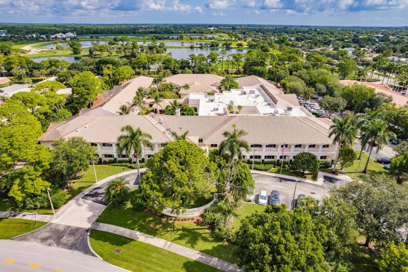 A bird 's eye view of the building and surrounding area.